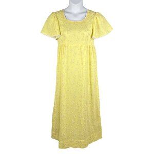 70s Yellow S Floral Textured Empire Waist Maxi Dress Flutter Sleeves Cottagecore